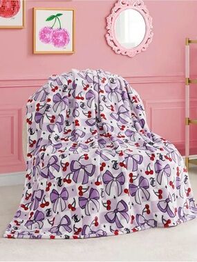 Juicy Couture White Throw Blanket with Lavender Bows & Red Cherries